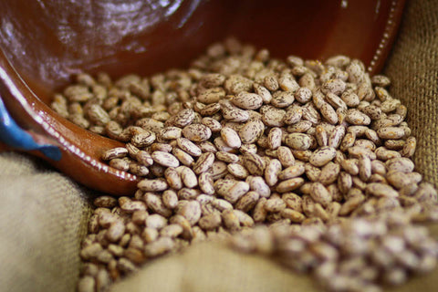 Pinto, a small tan-colored bean with dark brown marketings - Rancho Gordo, Heirloom beans